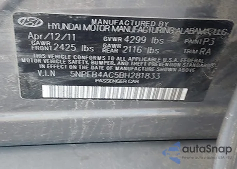 2011 Hyundai Sonata Gls from USA, damaged, VIN 5NPEB4AC5BH281833